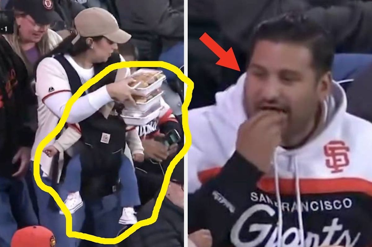 Giants Announcers Crown "Mom of the Year" as Fan Juggles Baby and Three Plates While the Man Next to Her Chows Down