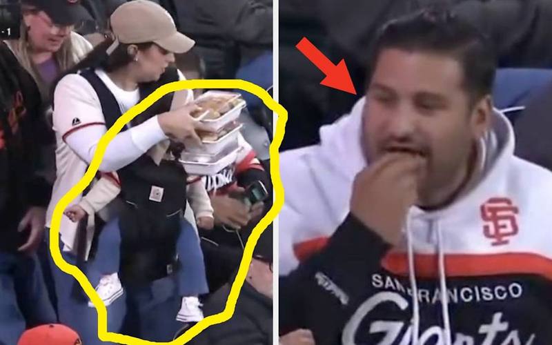 Giants Announcers Crown "Mom of the Year" as Fan Juggles Baby and Three Plates While the Man Next to Her Chows Down